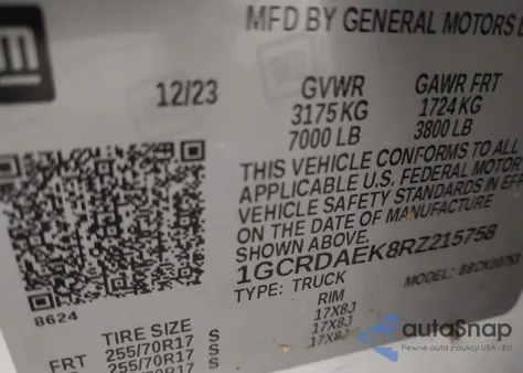 2024 Chevrolet Silverado 1500 4Wd Standard Bed Wt z USA, uszkodzony, nr VIN 1GCRDAEK8RZ215758